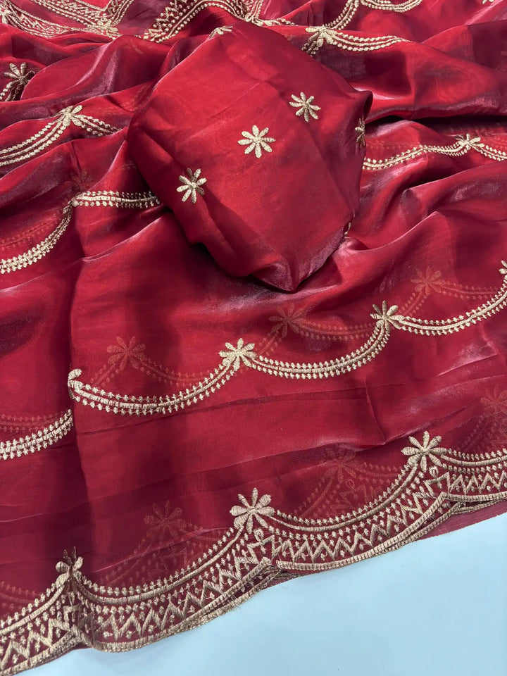 Deep Carmine Shimmery Tissue Silk Saree with Lace Work