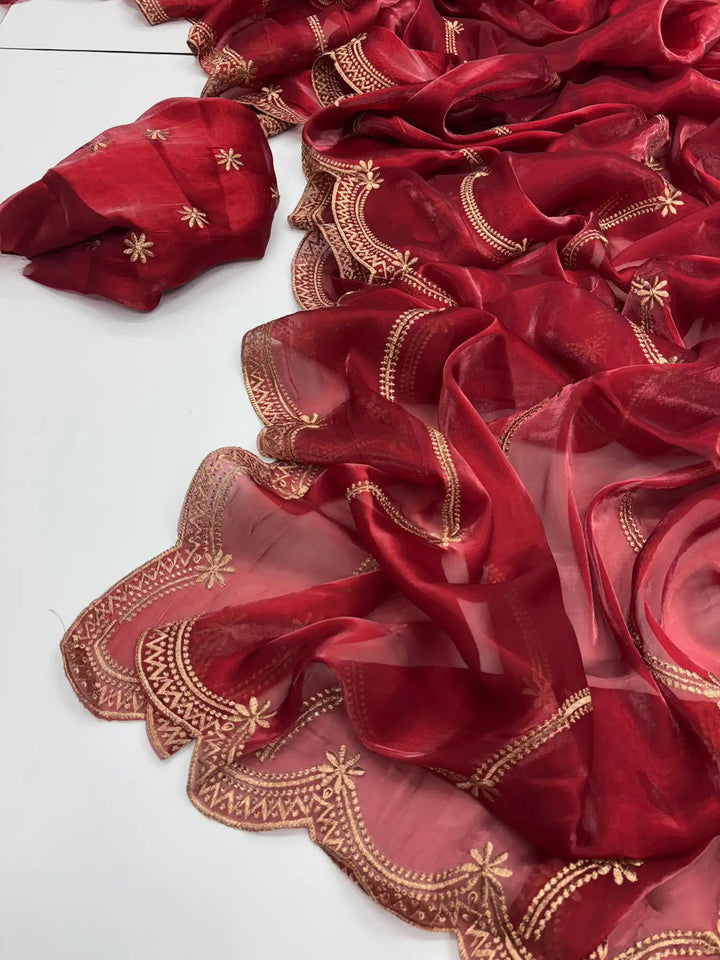 Deep Carmine Shimmery Tissue Silk Saree with Lace Work