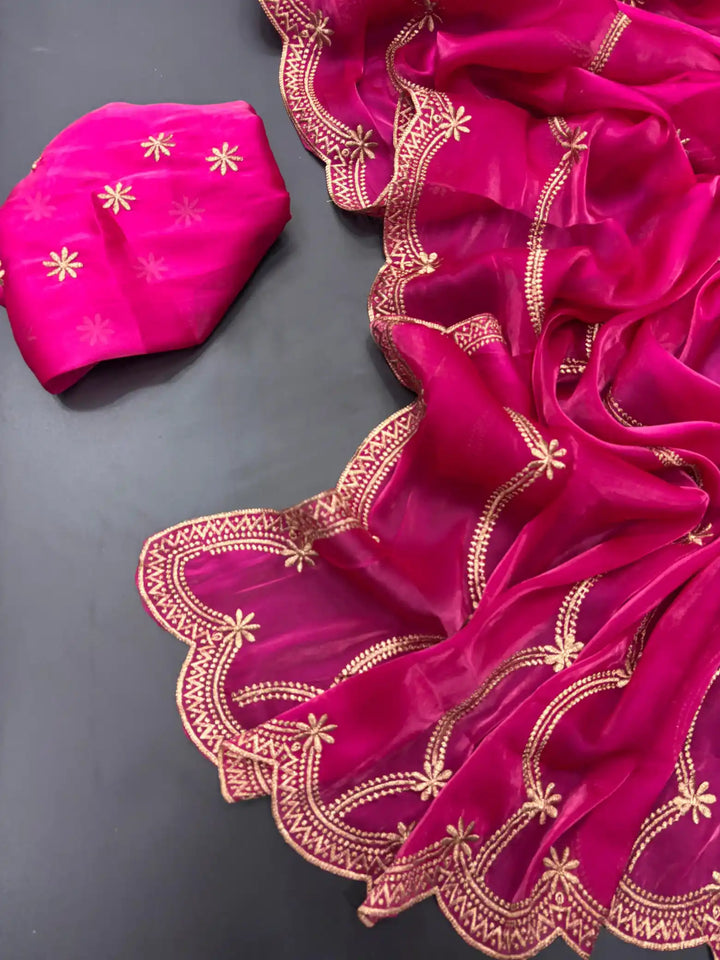 Deep Pink Shimmery Tissue Silk Saree with Lace Work