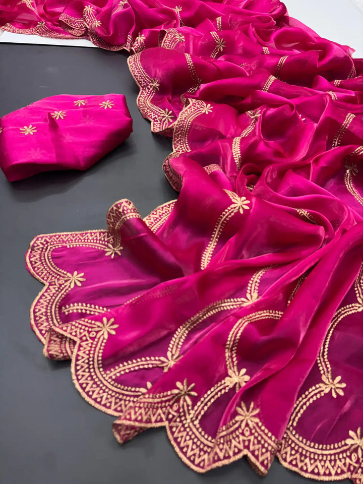 Deep Pink Shimmery Tissue Silk Saree with Lace Work