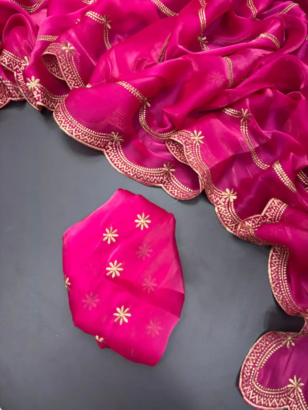 Deep Pink Shimmery Tissue Silk Saree with Lace Work