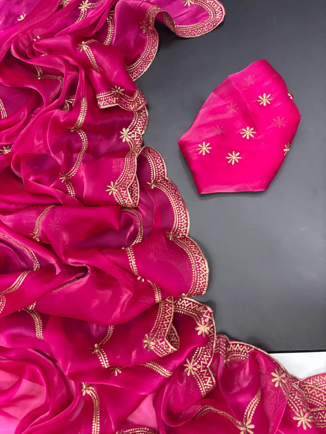 Deep Pink Shimmery Tissue Silk Saree with Lace Work