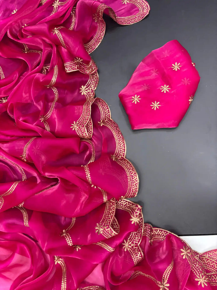 Deep Pink Shimmery Tissue Silk Saree with Lace Work