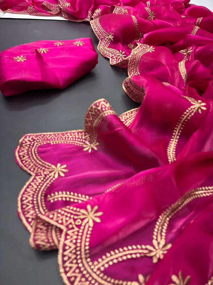 Deep Pink Shimmery Tissue Silk Saree with Lace Work