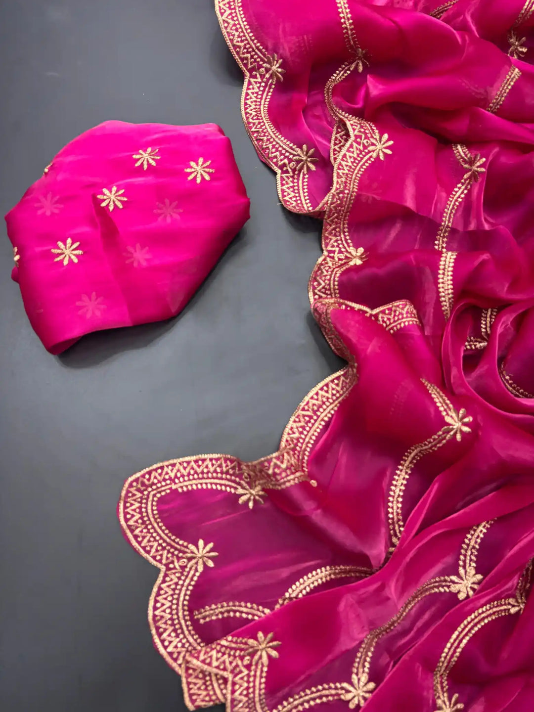 Deep Pink Shimmery Tissue Silk Saree with Lace Work