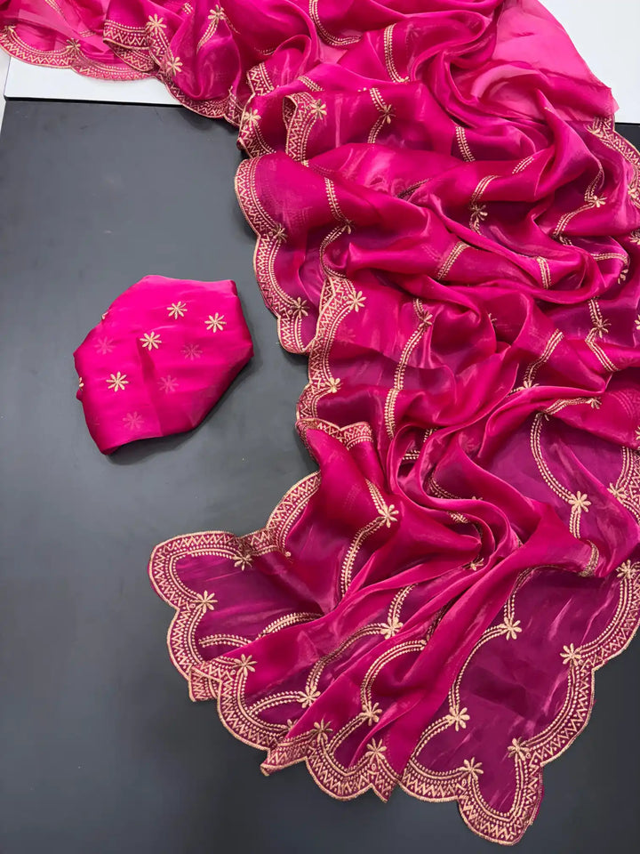 Deep Pink Shimmery Tissue Silk Saree with Lace Work