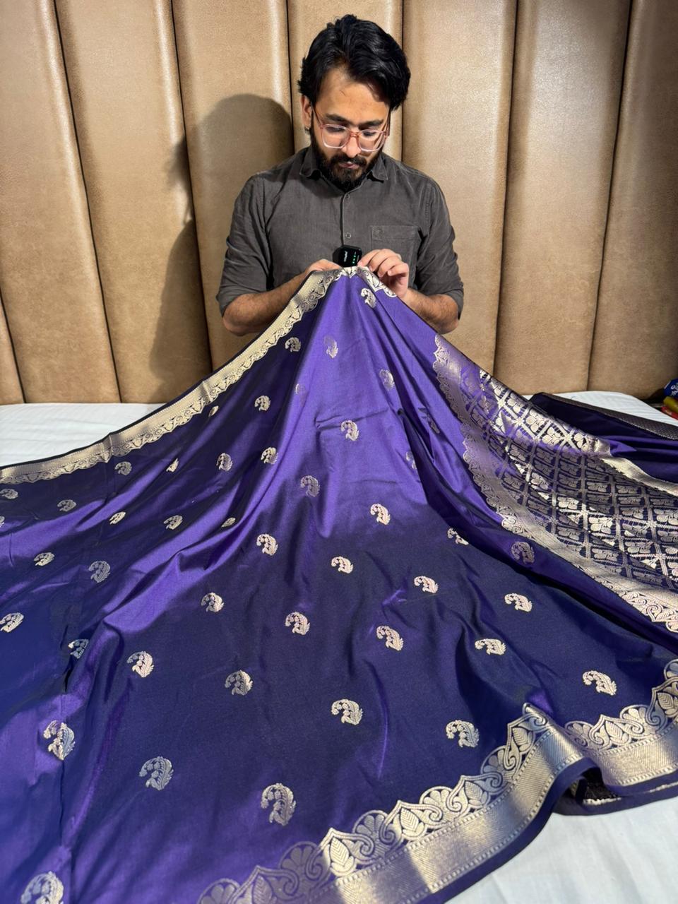 Deep Purple Banarasi Semi Katan Silk Saree with Rich Pallu and Blouse