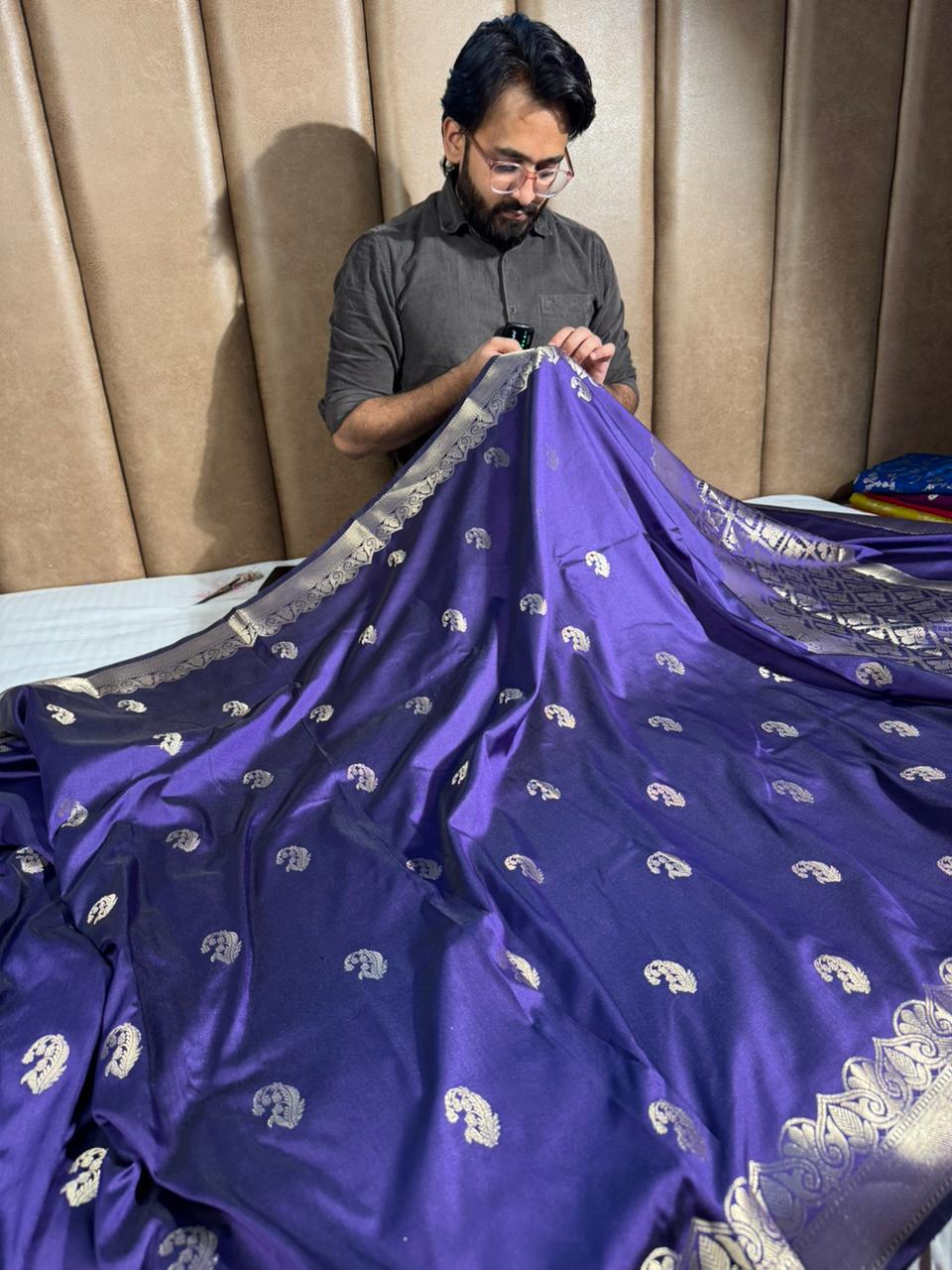 Deep Purple Banarasi Semi Katan Silk Saree with Rich Pallu and Blouse