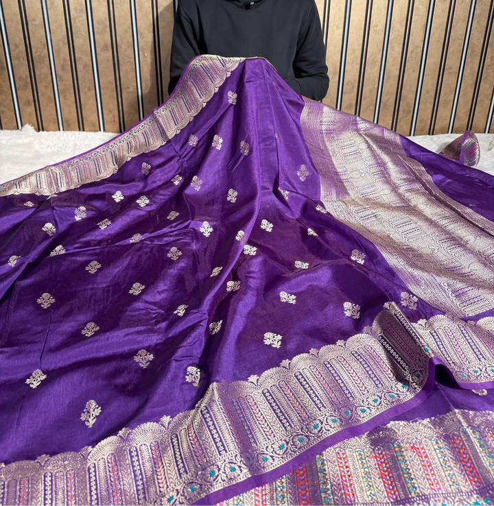 Deep Purple Chinia Silk Intricate Meenakari Weave Border Banarasi Saree