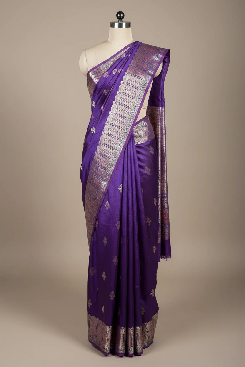 Deep Purple Chinia Silk Intricate Meenakari Weave Border Banarasi Saree