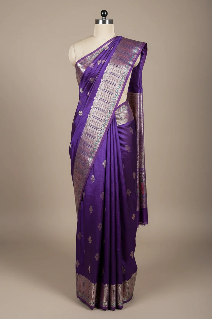 Deep Purple Chinia Silk Intricate Meenakari Weave Border Banarasi Saree