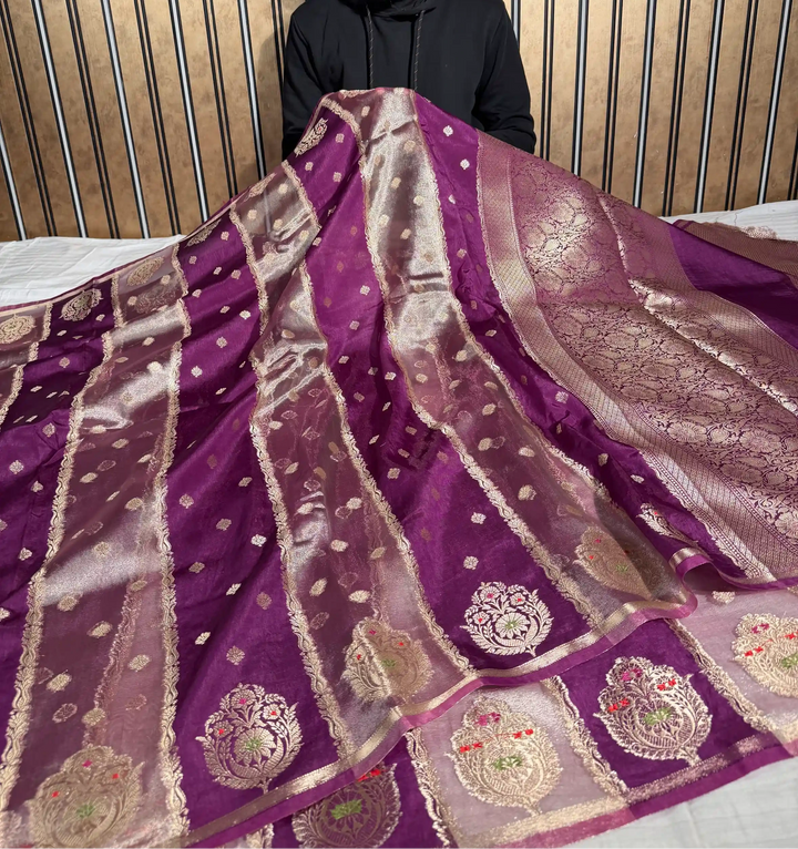 Deep Purple Chinia Tissue Silk Heritage Weave Banarasi Saree