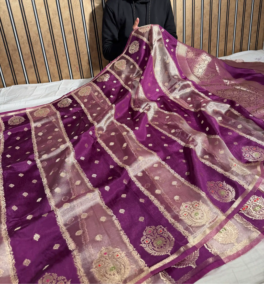 Deep Purple Chinia Tissue Silk Heritage Weave Banarasi Saree