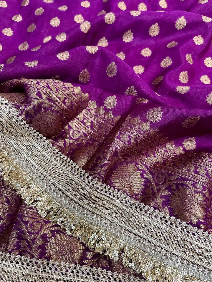 Deep Purple Khaddi Buti Georgette Silk Lace Attached Banarasi Saree 