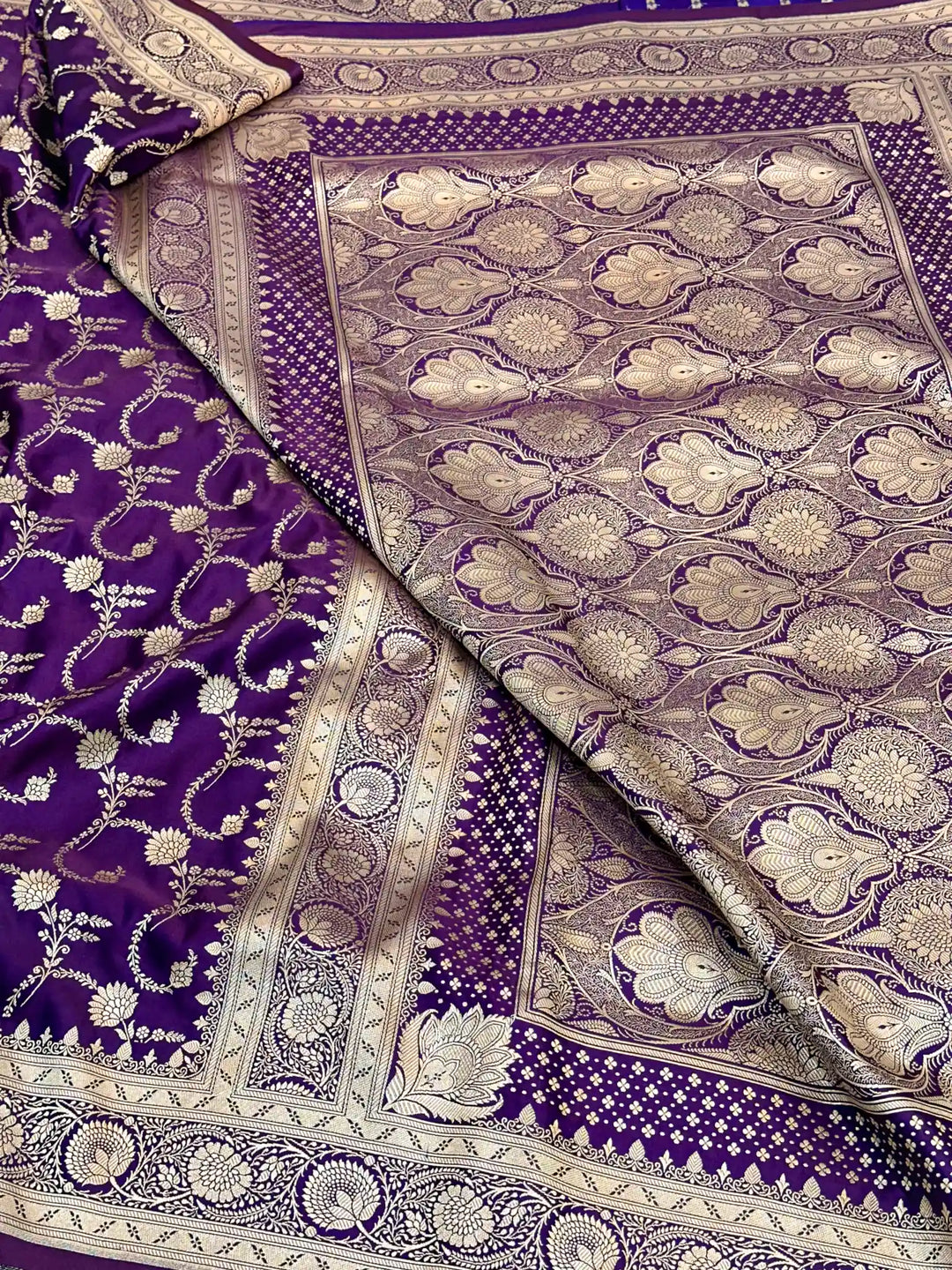 Deep Purple Premium Mashru Katan Silk Floral Jaal Banarasi Saree