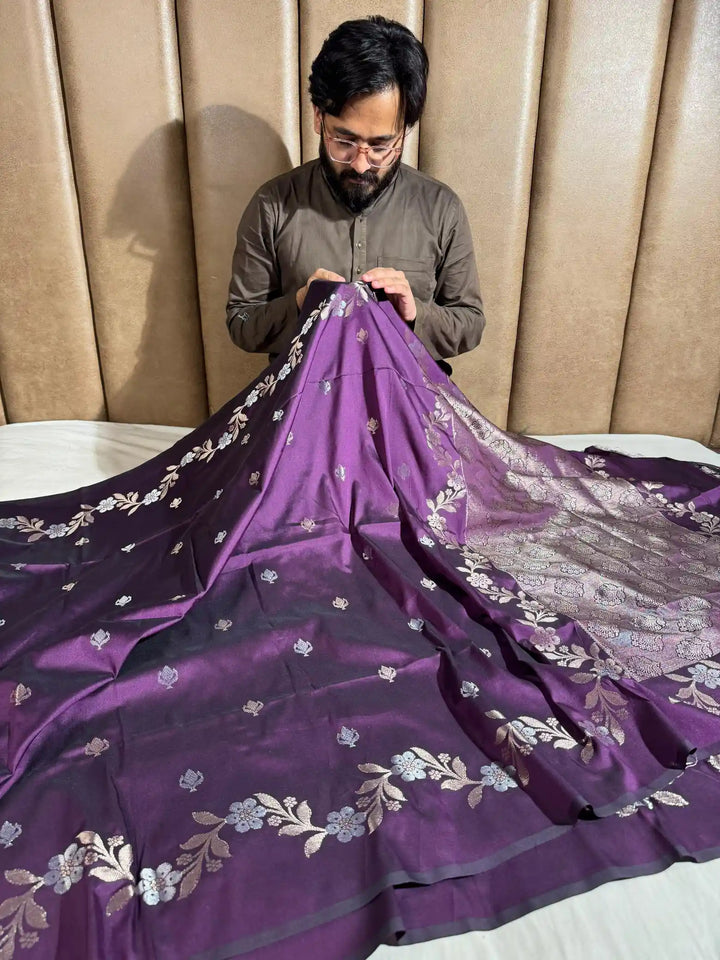 Deep Purple Pure Chiniya silk saree with rich pallu and blouse
