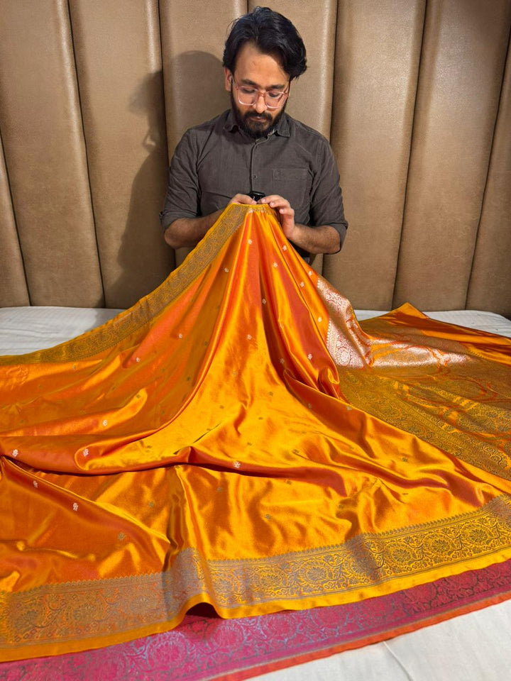 Deep Saffron Mashru Katan Silk Saree with Rich Pallu and Blouse
