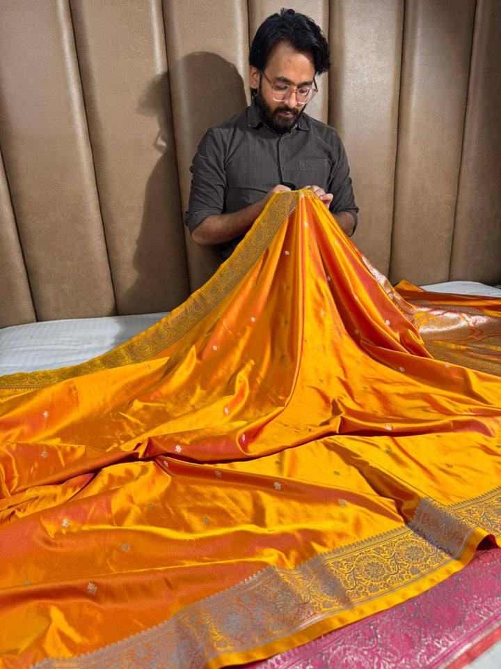Deep Saffron Mashru Katan Silk Saree with Rich Pallu and Blouse