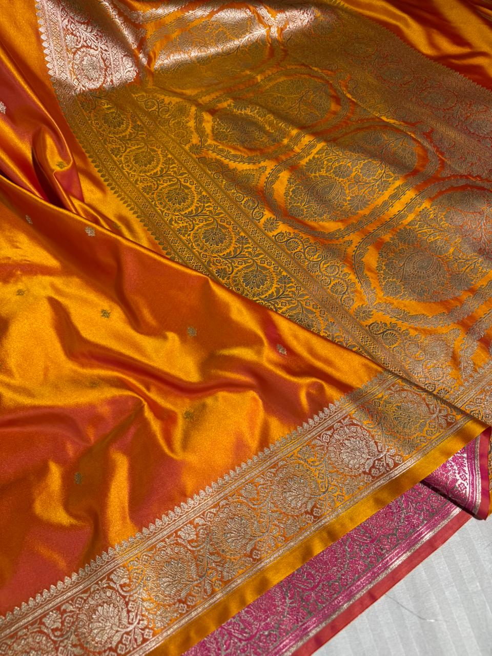 Deep Saffron Mashru Katan Silk Saree with Rich Pallu and Blouse