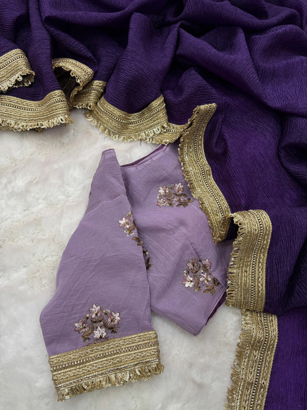 Deep Purple Crushed Softsilk Designer Saree