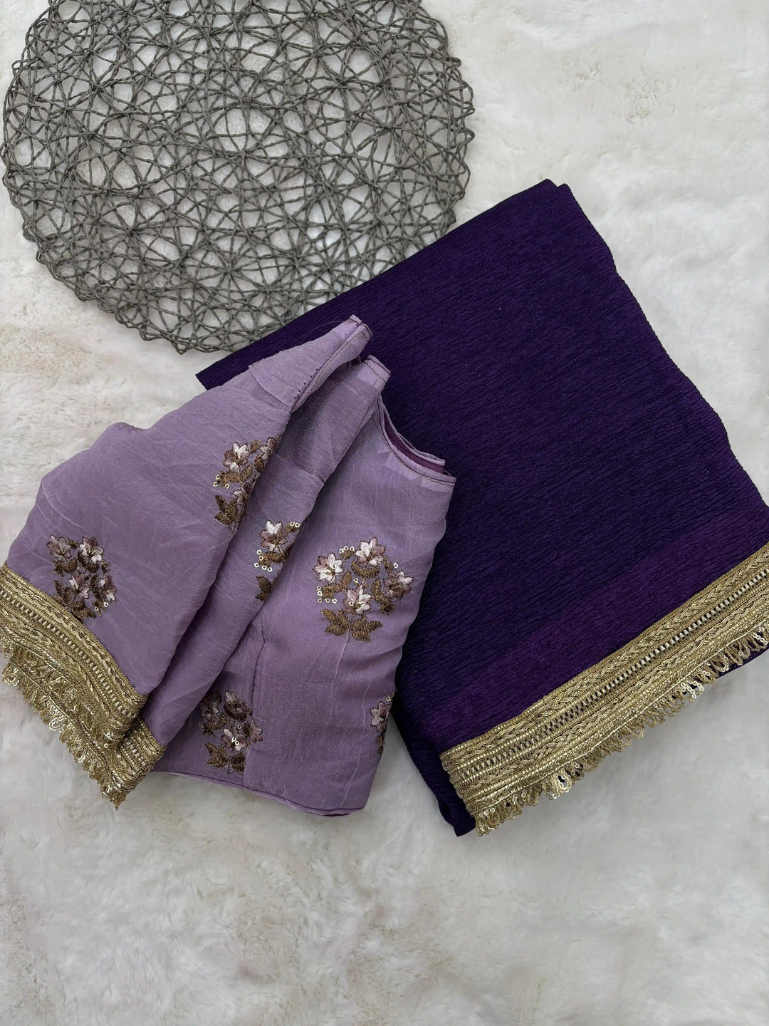 Deep Purple Crushed Softsilk Designer Saree