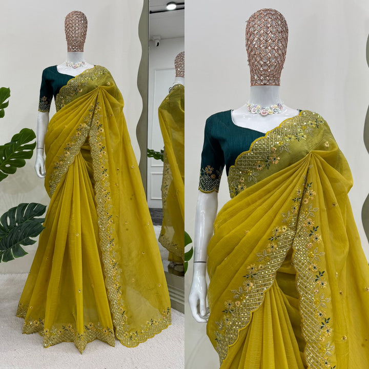 Designer Crunchy Silk Saree with Sequence and Thread Work