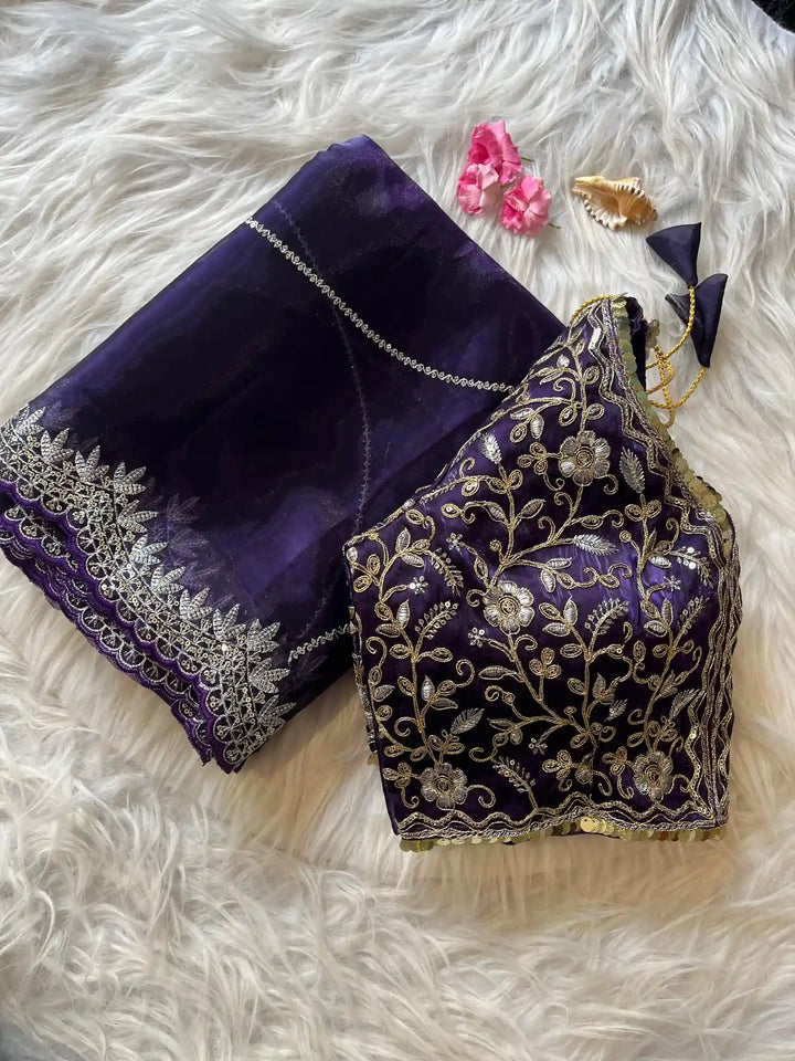 Designer Purple Glass Tissue Silk Saree With Scalaup Sequence Work