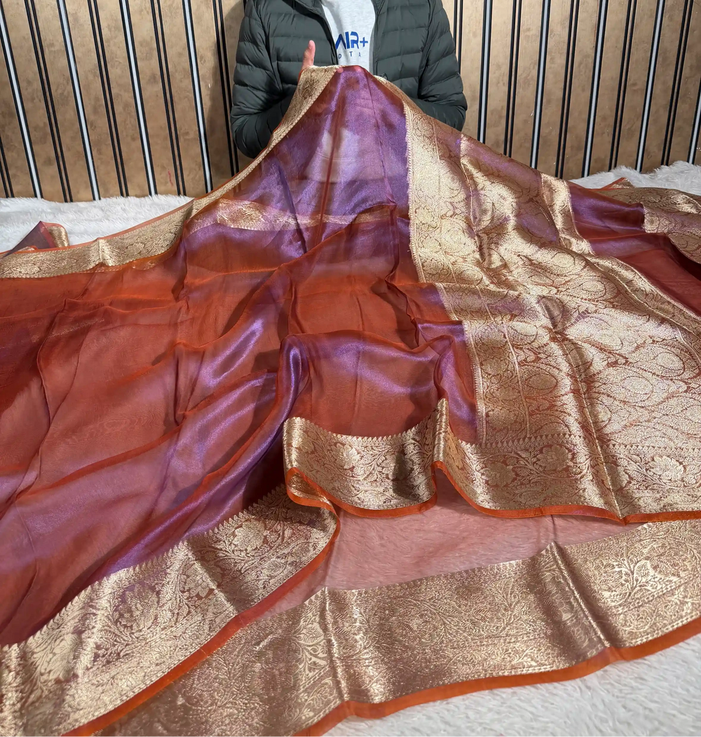 Dhoop-Chaon Purple 100% Pure Tissue Silk Jacquard Weave Banarasi Saree