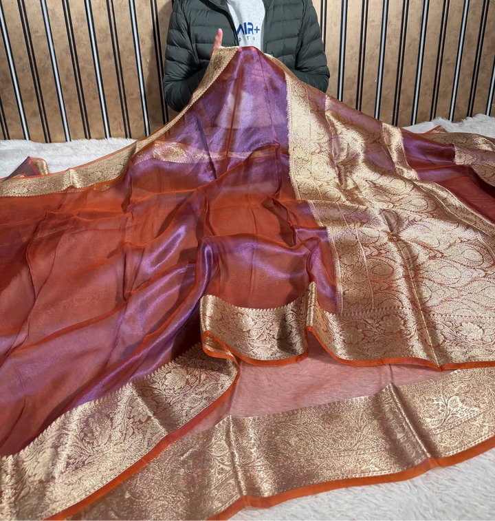 Dhoop-Chaon Purple 100% Pure Tissue Silk Jacquard Weave Banarasi Saree