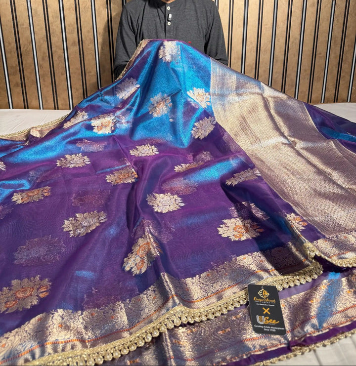 Dhoop Chaon Blue Premium Tissue Silk Designer Saree