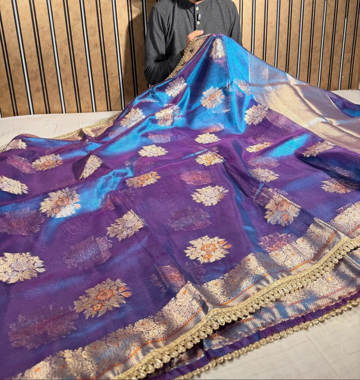 Dhoop Chaon Blue Premium Tissue Silk Designer Saree