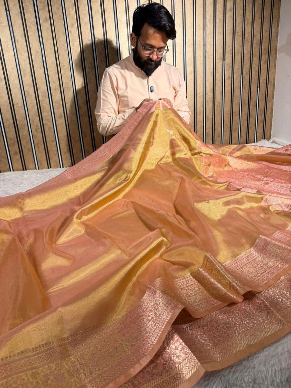 Dhoop Chaon Gold Soft Tissue Silk Banarasi Saree