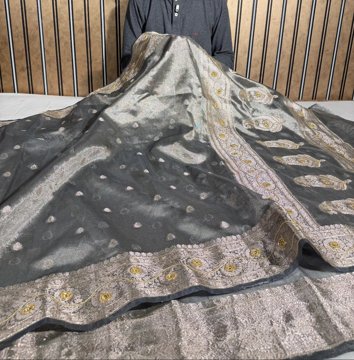 Dhoop Chaon Grey Premium Tissue Silk Designer Saree