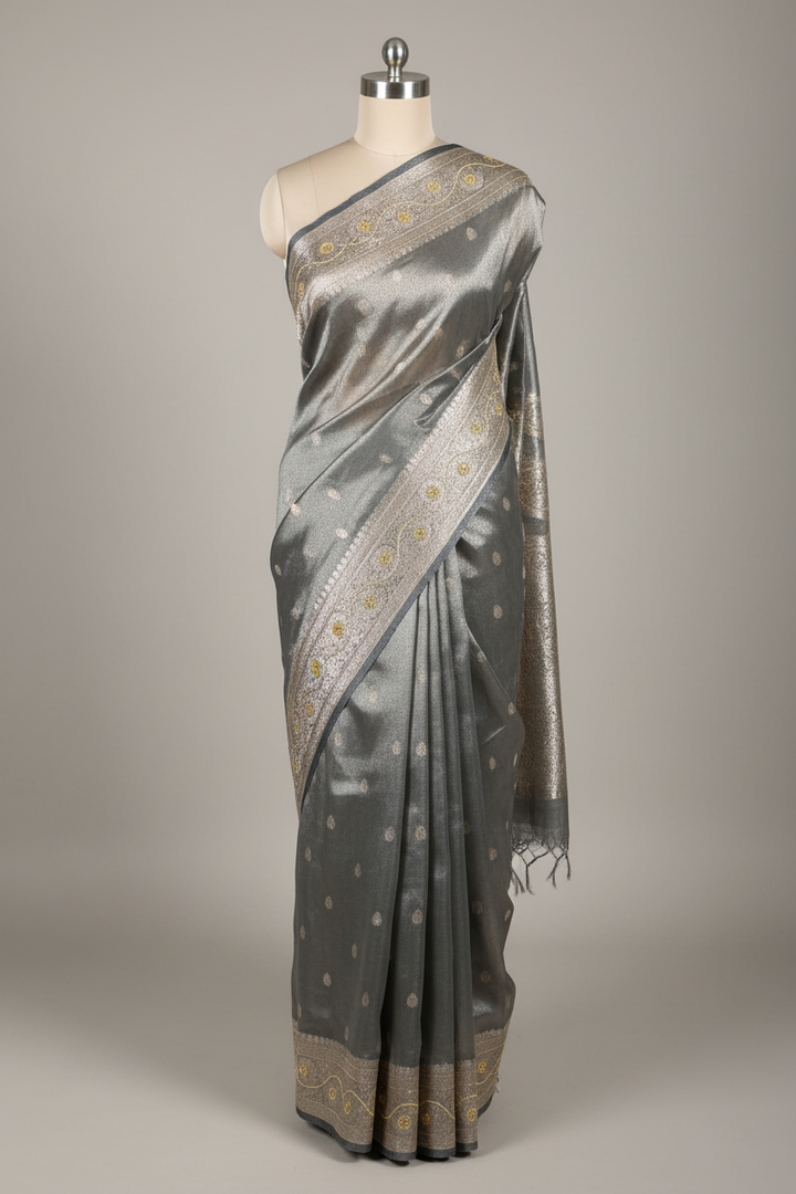Dhoop Chaon Grey Premium Tissue Silk Designer Saree