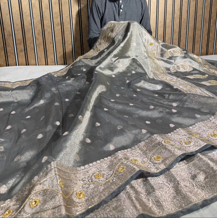 Dhoop Chaon Grey Premium Tissue Silk Designer Saree