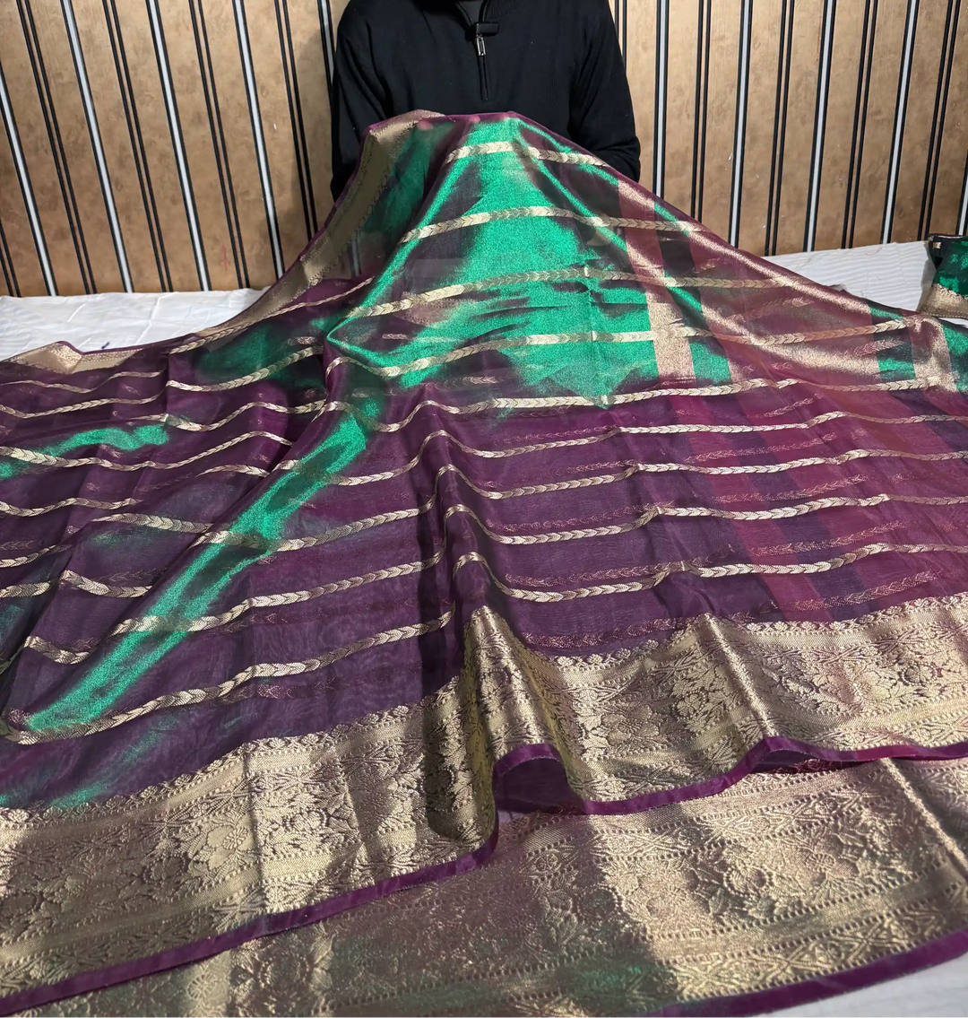 Dhoop Chaon Metallic Green Kora Tissue Silk Banarasi Saree