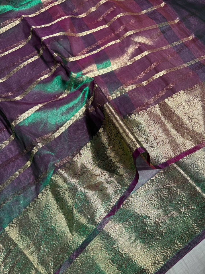 Dhoop Chaon Metallic Green Kora Tissue Silk Banarasi Saree