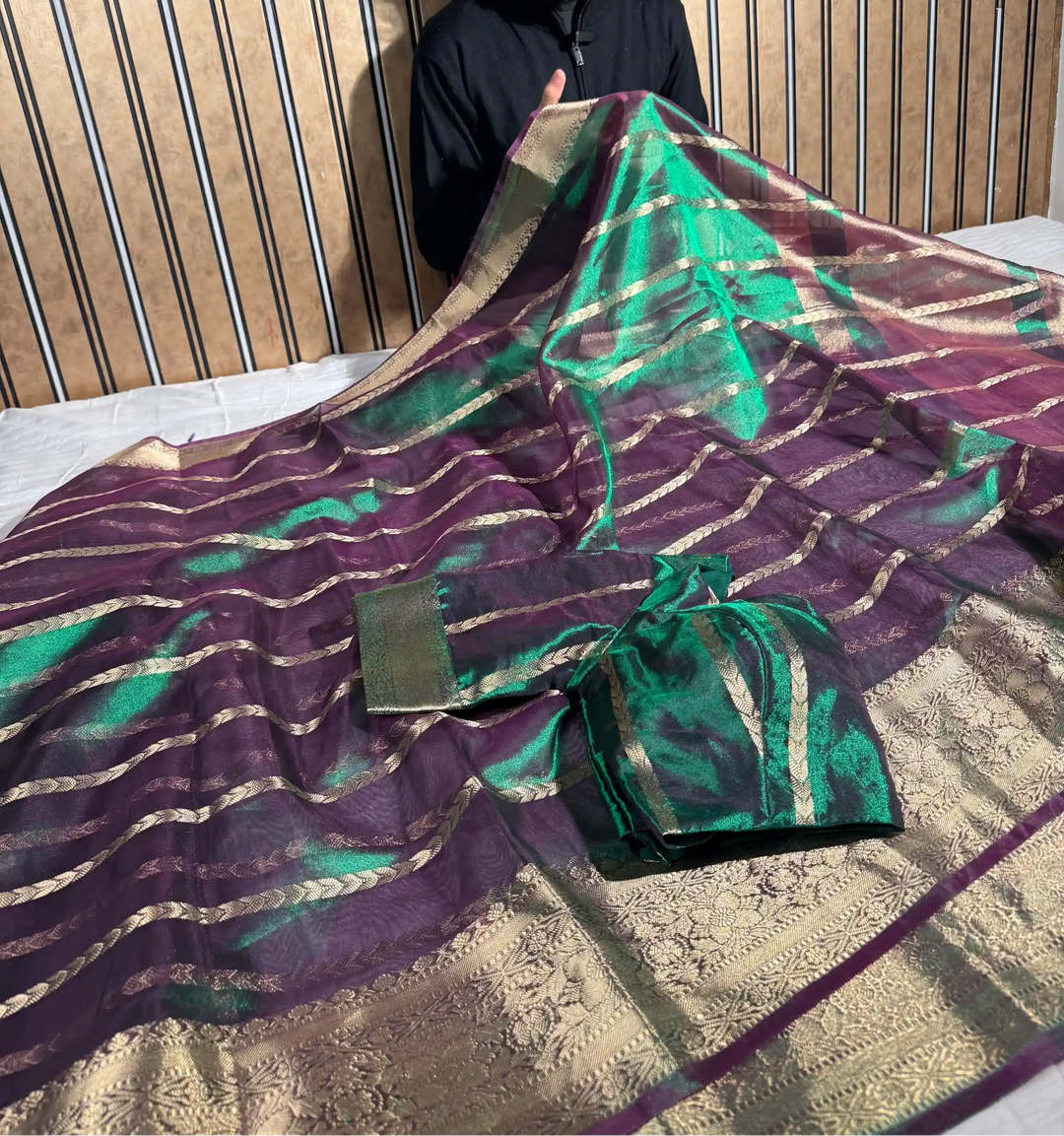 Dhoop Chaon Metallic Green Kora Tissue Silk Banarasi Saree