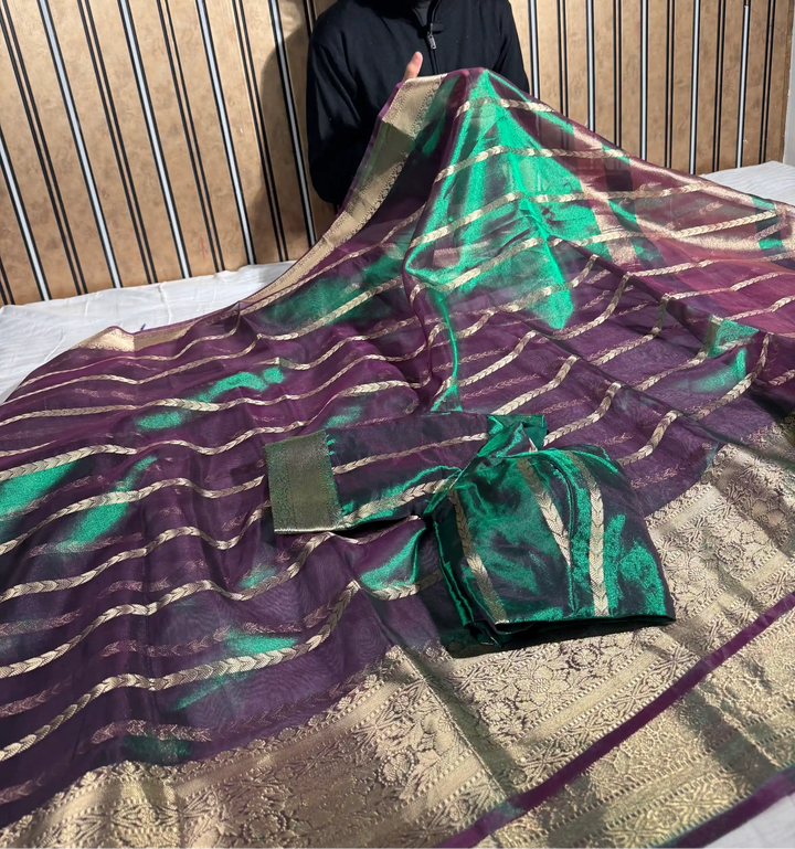 Dhoop Chaon Metallic Green Kora Tissue Silk Banarasi Saree