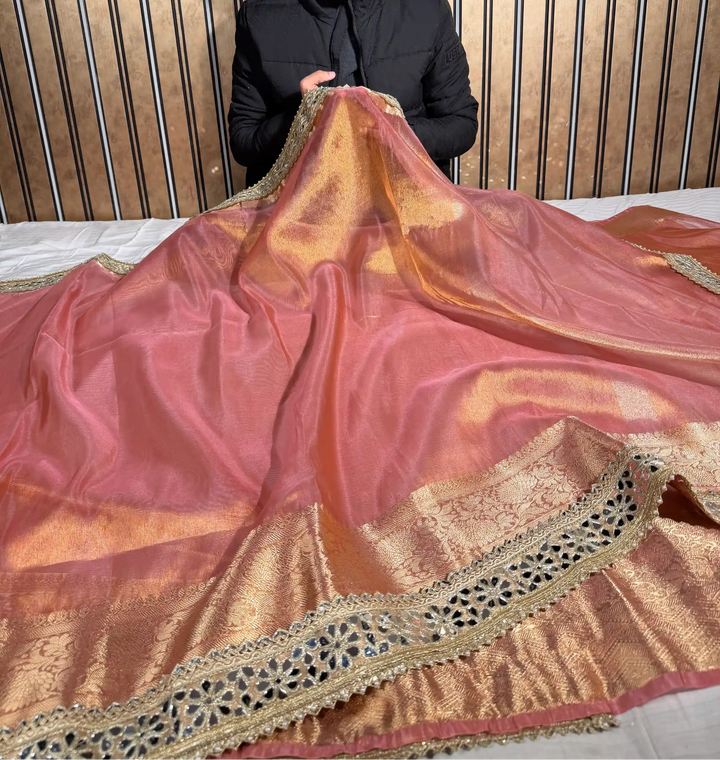 Dhoop Chaon Peach Tissue Silk Mirror Work Banarasi Saree