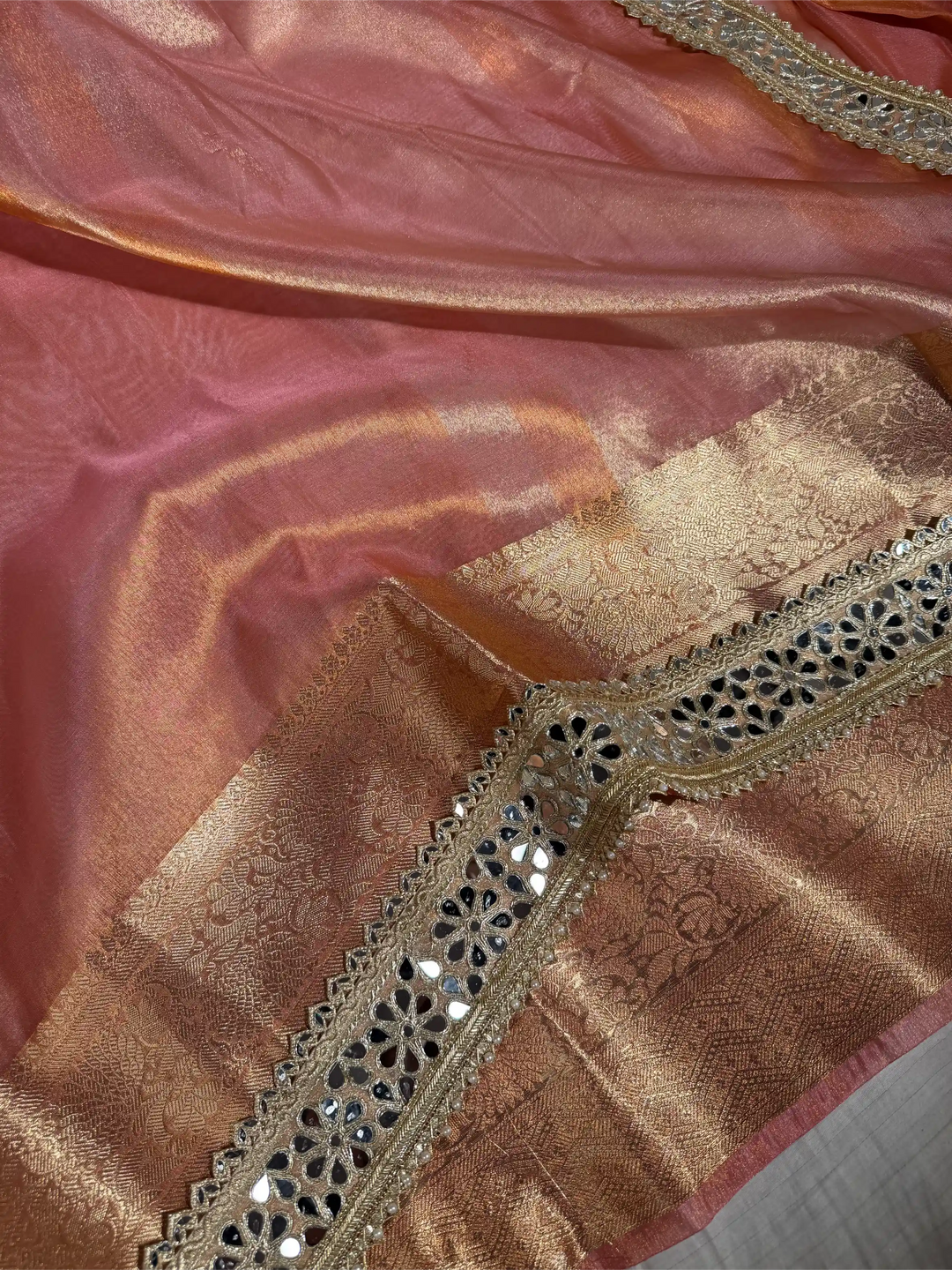 Dhoop Chaon Peach Tissue Silk Mirror Work Banarasi Saree