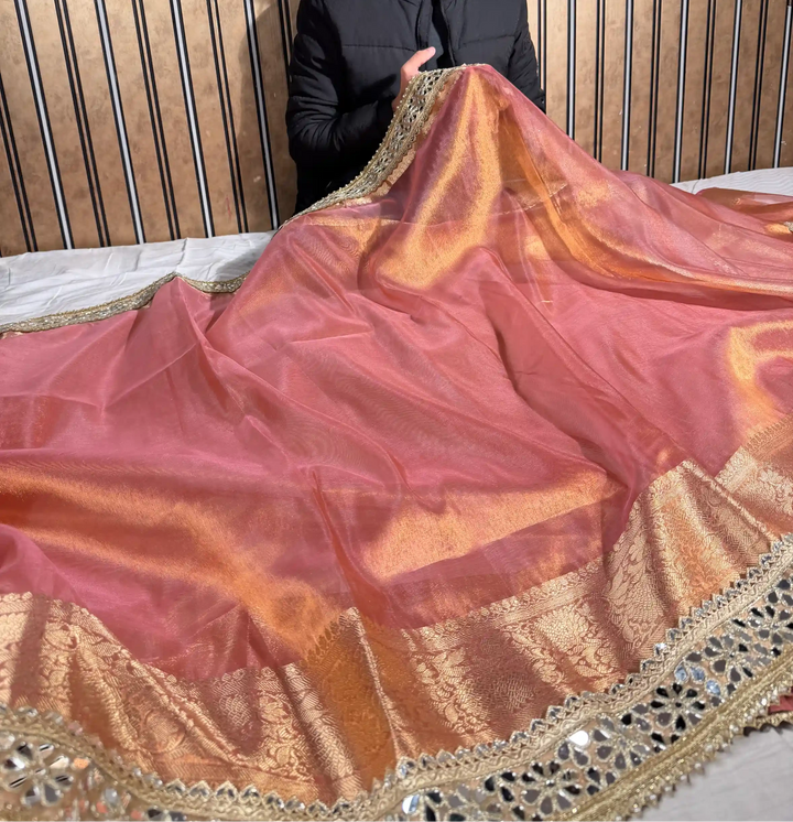 Dhoop Chaon Peach Tissue Silk Mirror Work Banarasi Saree