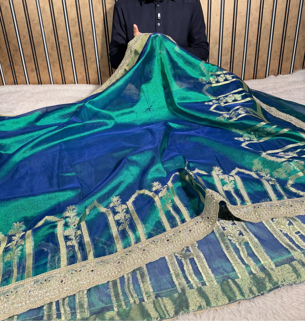 Dhoop Chaon Peacock Heritage Tissue Silk Designer Lace Work Banarasi Saree