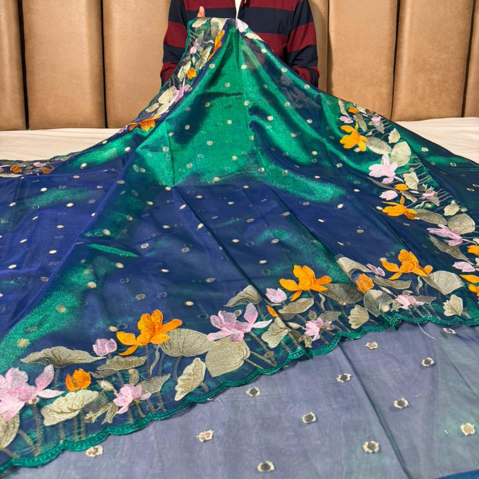 Dhoop Chaon Peacock Kora Tissue Crochet Embroidered Saree