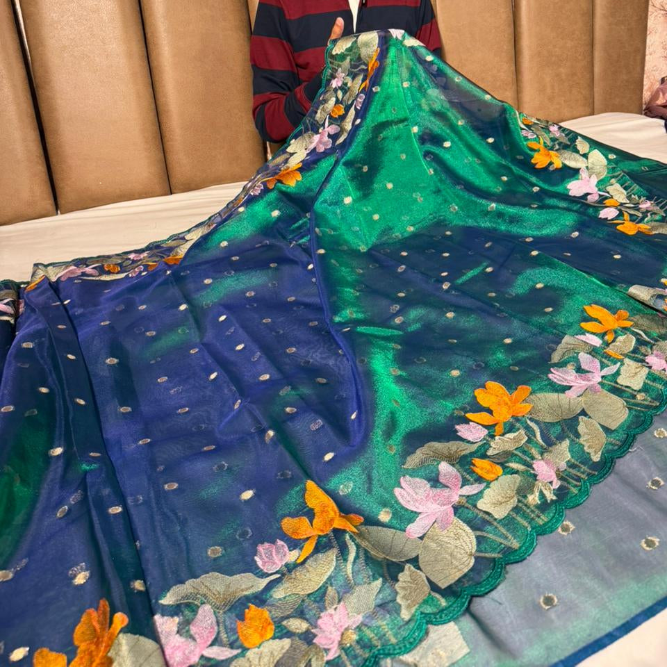 Dhoop Chaon Peacock Kora Tissue Crochet Embroidered Saree
