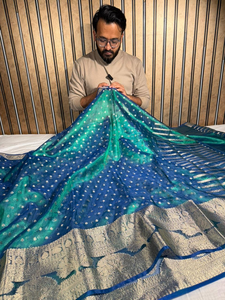 Dhoop Chaon Peacock Shade Tissue Silk Buti Weave Banarasi Saree 