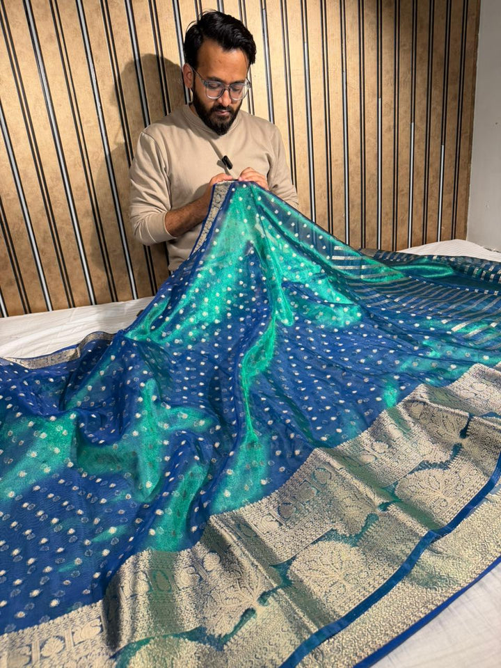 Dhoop Chaon Peacock Shade Tissue Silk Buti Weave Banarasi Saree 