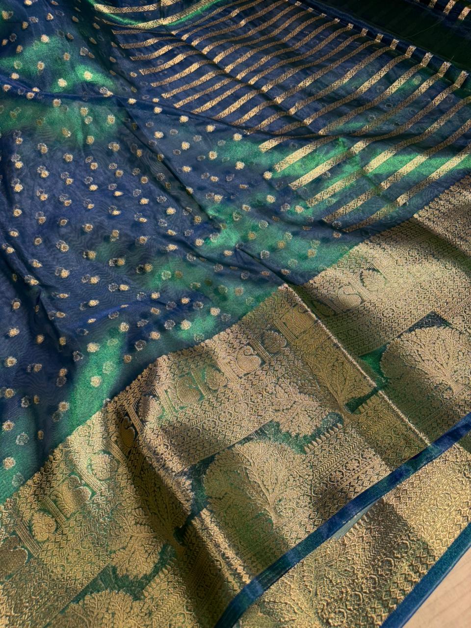 Dhoop Chaon Peacock Shade Tissue Silk Buti Weave Banarasi Saree 