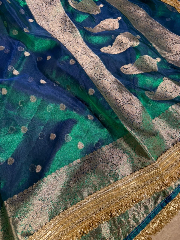 Dhoop Chaon Peacock Shade Tissue Silk Designer Banarasi Saree