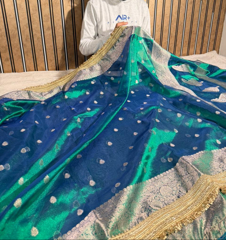 Dhoop Chaon Peacock Shade Tissue Silk Designer Banarasi Saree